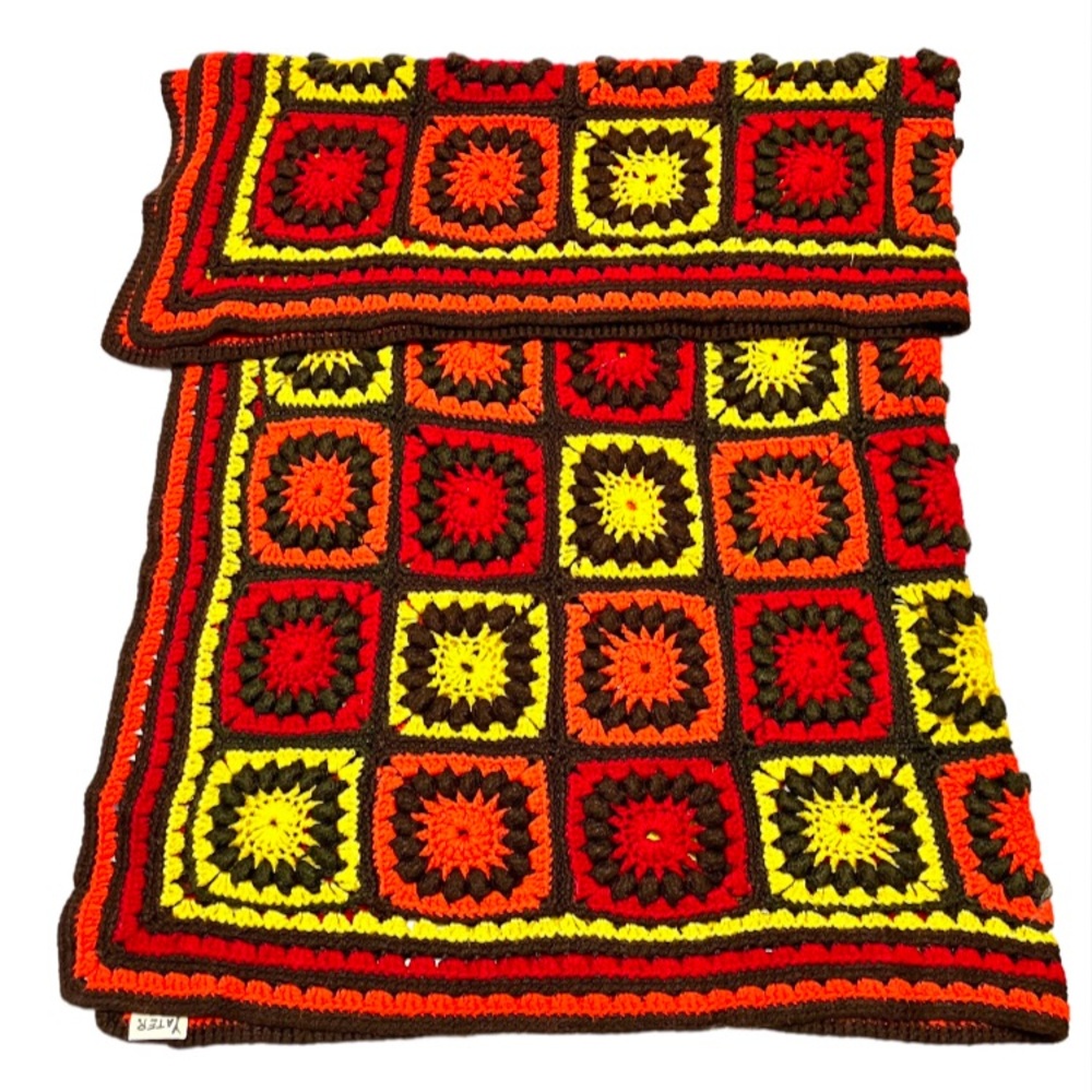 VTG Granny Square Afghan Blanket Throw 40" x 50" Multicolor Red Yellow Brown Org